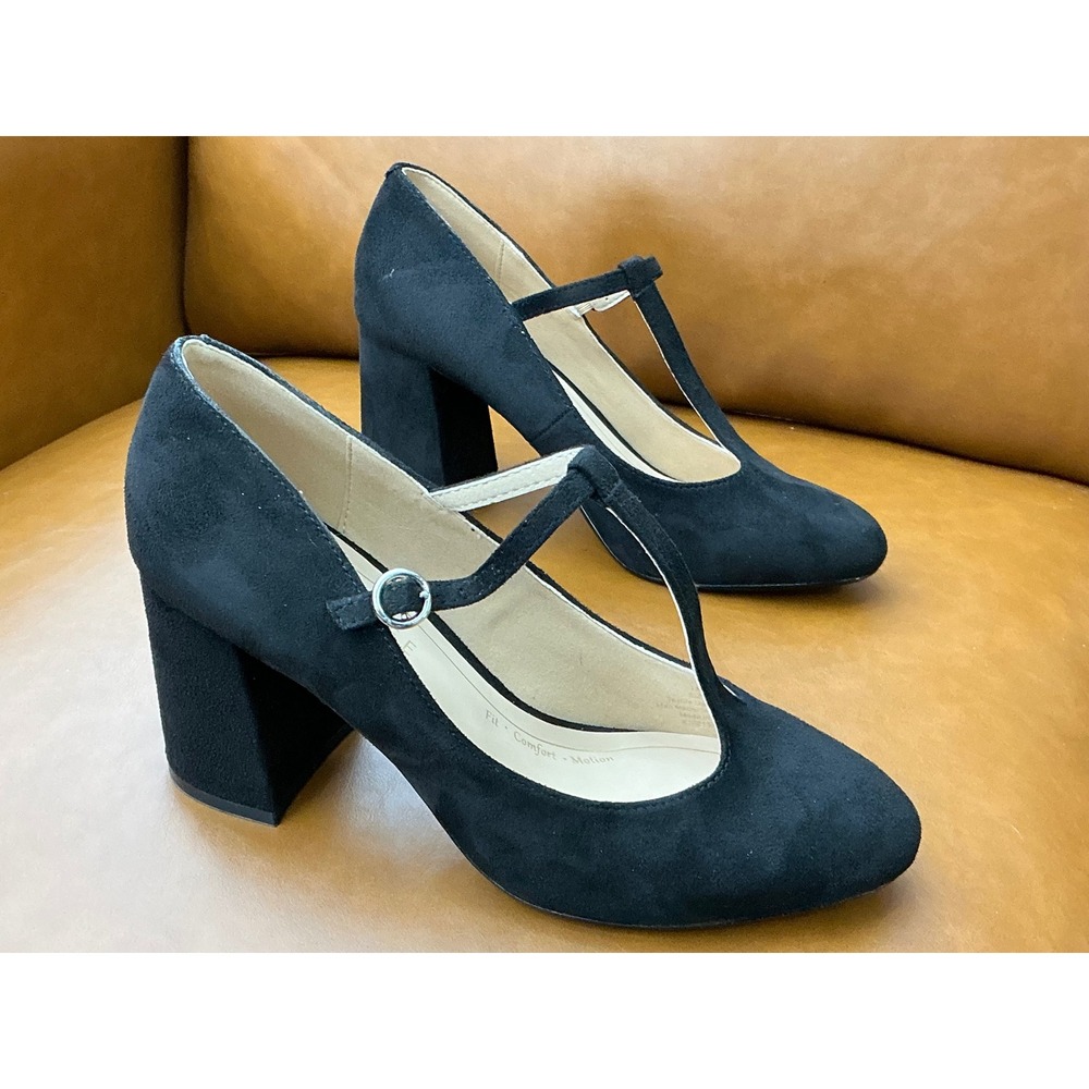 Journee Collection Talani T-Strap Pump Womens 9 Black Block Heel Suede - Picture 1 of 8